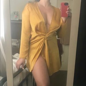 Naked wardrobe mustard satin wrap dress